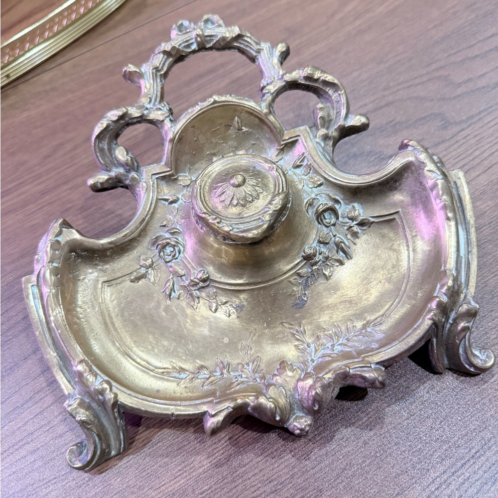 Vintage Brass Ornate Inkwell